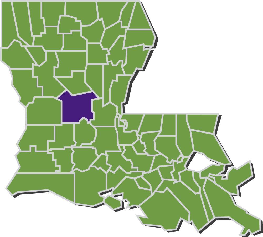 Map of Louisiana parishes with Rapides parish highlighted in purple.